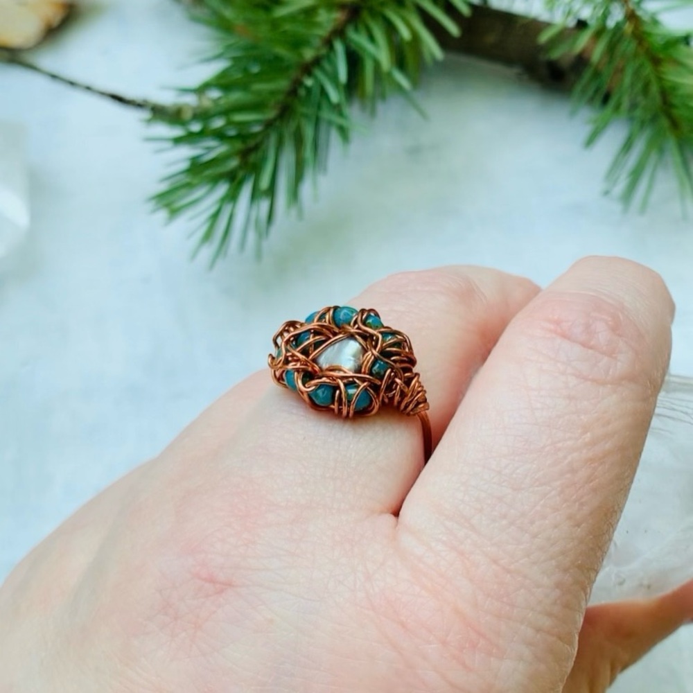 Artisan Copper Grey Pearl and Blue Glass Ring